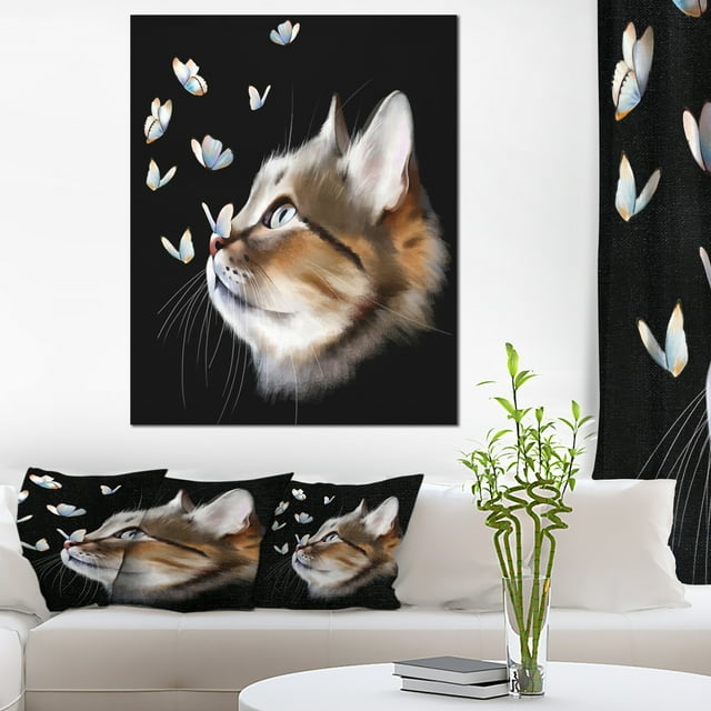 Chat avec des Papillons sur Fond Noir - Impression Artistique sur Toile d'Animal