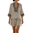 thumbnail image 2 of Women's Two-Piece Shorts Set Three-Quarter Length Sleeve V Neck Striped Vacation Daily Casual Outdoor Summer Loose Set, 2 of 8