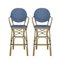 Wicker and Aluminum Outdoor 29.5 Inch French Barstools (Set of 2), Navy Blue, White, and Bamboo Print Finish