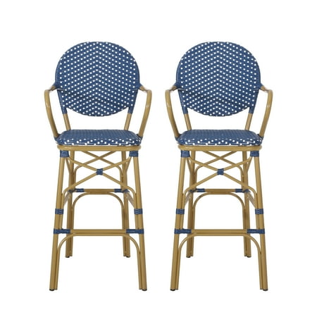 Wicker and Aluminum Outdoor 29.5 Inch French Barstools (Set of 2), Navy Blue, White, and Bamboo Print Finish