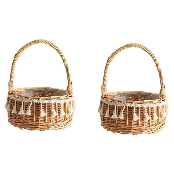 2X Woven Storage Basket and Ribbon Wedding Flower Girl Baskets Wicker Rattan for Home Garden Decor