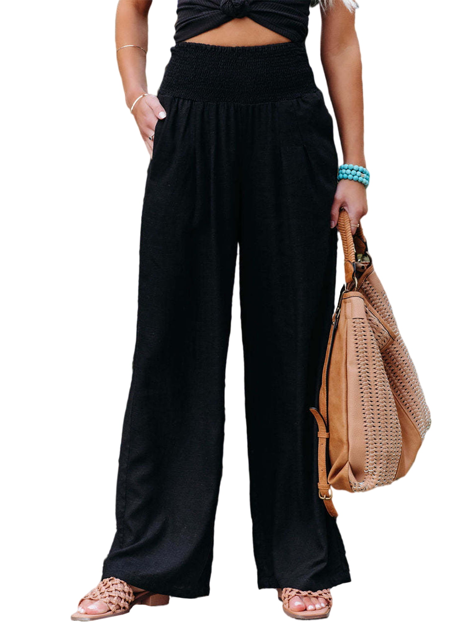 Women's Black Pants High Rise Wide Leg Linen Blend | Ally Fashion