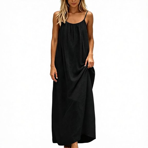 Fortwear Women's Casual Backless Spaghetti-Strap Maxi Dress, Sleeveless, Loose-Fitting, Thin-Strapped Loungewear Dress