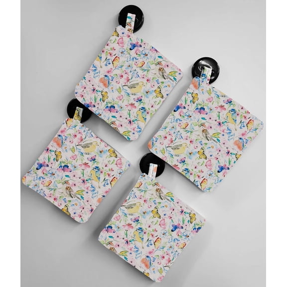 Birds & Butterflies in Blooms Pot Holders (Set of 4) by Penny's Needful Things (White)