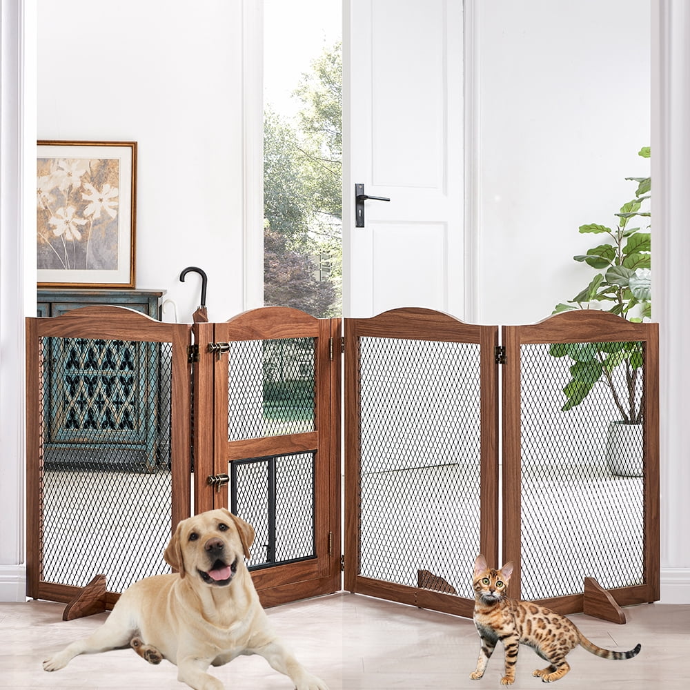 Unipaws Freestanding Pet Gate with Small Cat Door, Wooden Dog Gates with 3 Support Feet, Walnut