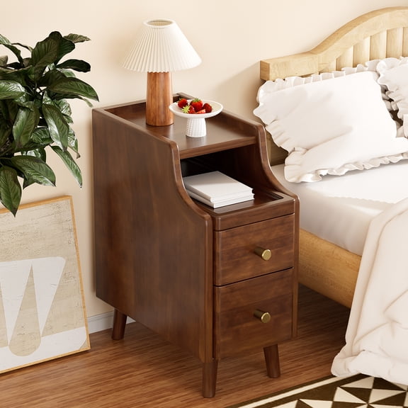 Mid Century Nightstand with Drawers, Solid Wood Bedside Table with Storage Shelf,Small Space Side Table