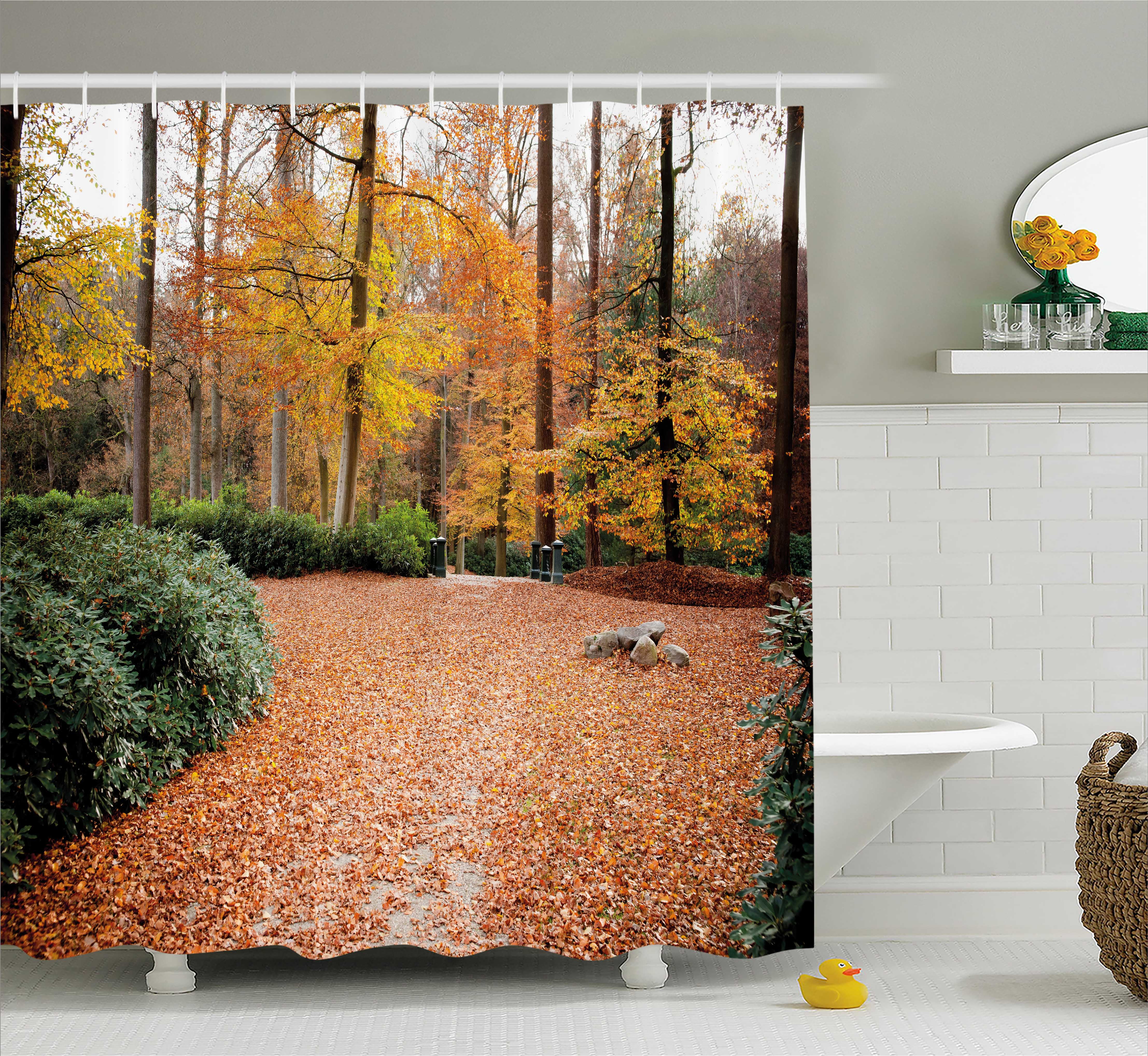Nature Shower Curtain Autumn Forest With Deciduous Trees Fall Leaves In Faded Eco Image Fabric Bathroom Set Hooks 69w X 70l Inches Marigold