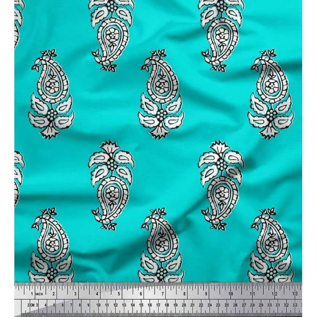 Soimoi Poly Georgette Fabric Leaves & Paisley Block Print Fabric by The Yard 42 Inch Wide