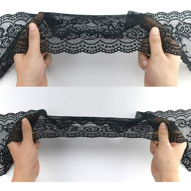 Black Lace Fabric Lace Trim, Stretch Floral Lace Ribbon Trim, Wide Elastic Sewing Lace Crafts Decorating (Black 7inch 5Yards)