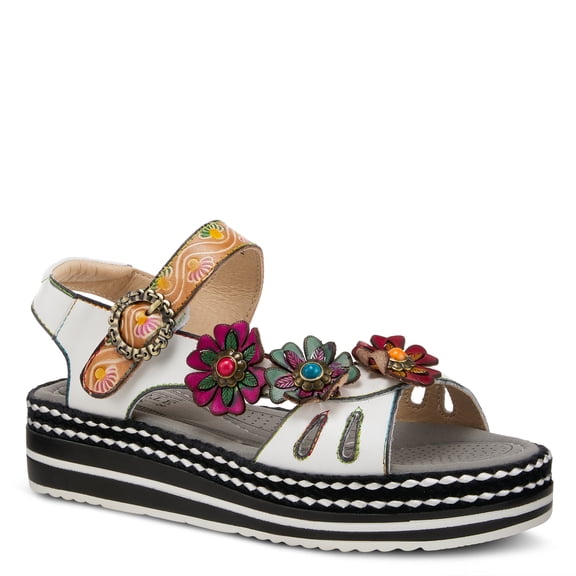Spring Step L'Artiste Women's Laga Slide Sandal – Premium Hand Painted Leather Footbed Flexible Sole – Teardrop Cutout Circular Buckle, Arch Support Stylish Design