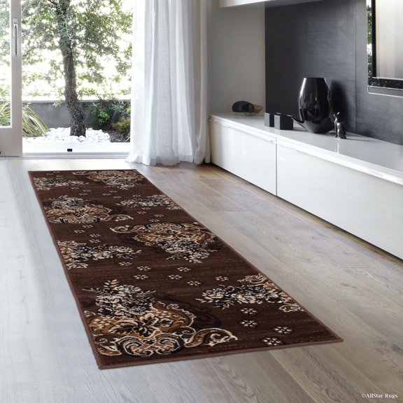 AllStar Rugs Floral Contemporary Area Rug, Brown, 2" x 7"