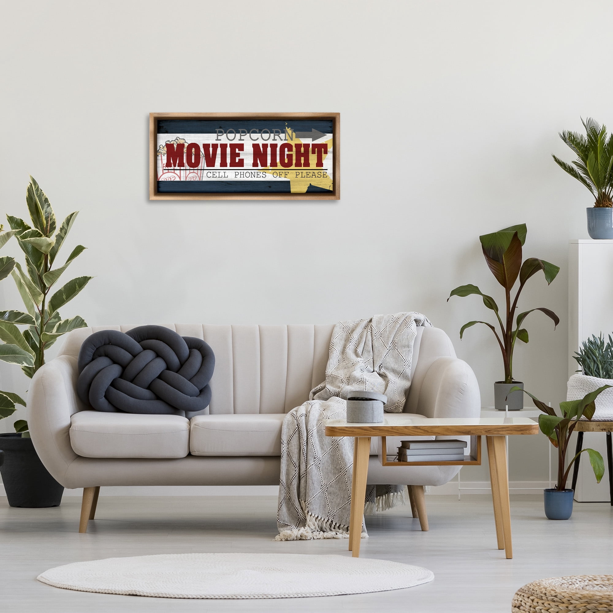 Stupell Industries Movie Night Vintage Sign Typography Painting Brown Floater Framed Canvas Art Print Wall Art, 31 x 14