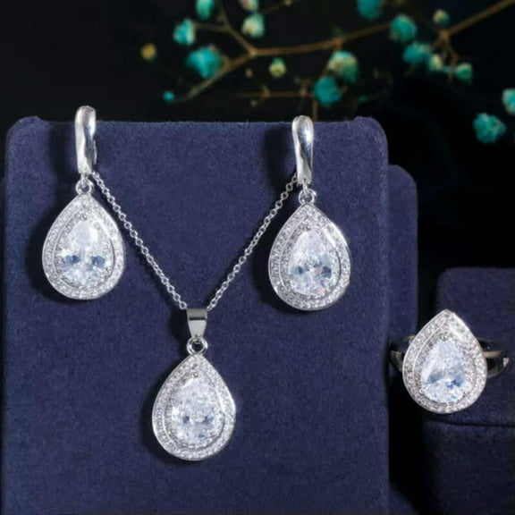 CZ Royal Blue Stone Dangle Drop Pendent Necklace Huggie Earring Ring Jewelry Set