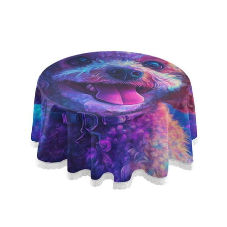 

60 Round Tablecloth with White Lace Trim Wrinkle & Heat-Resistant Table Cover for Dining and Home Decor Cute Toy Poodle Dog