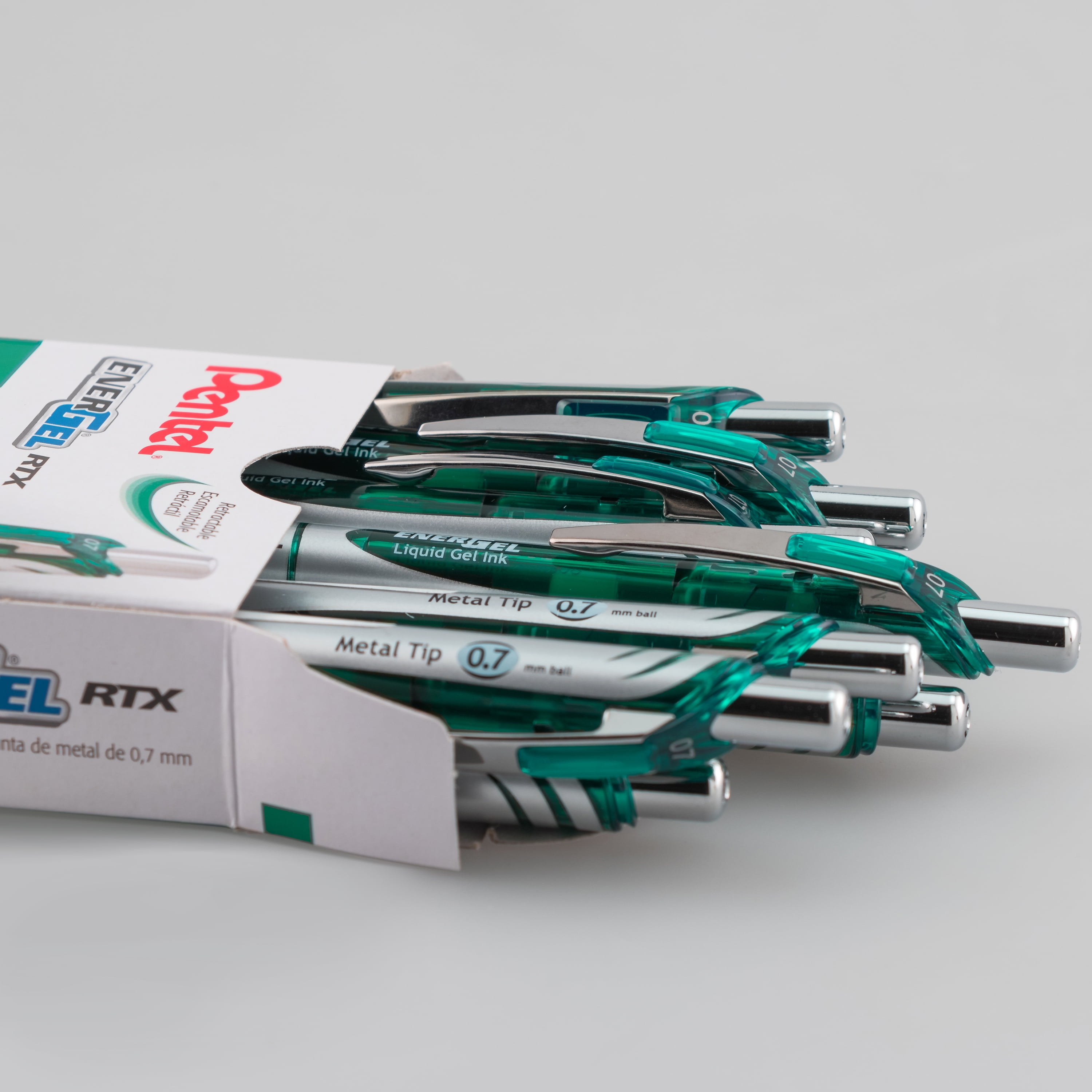 Pentel EnerGel RTX Retractable Gel Ink Pen, (0.7mm) Metal Tip, Medium Point, Green Ink, Box of 12 Pens