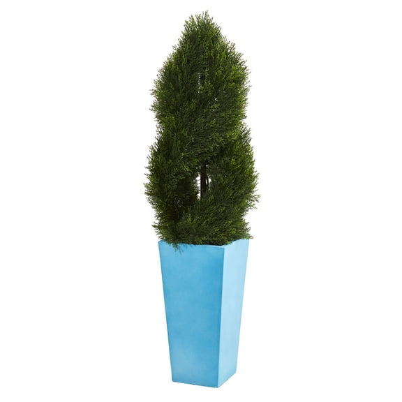 Nearly Natural 4.5ft. Double Pond Cypress Spiral Artificial Tree in Turquoise Planter UV Resistant (Indoor/Outdoor), Green
