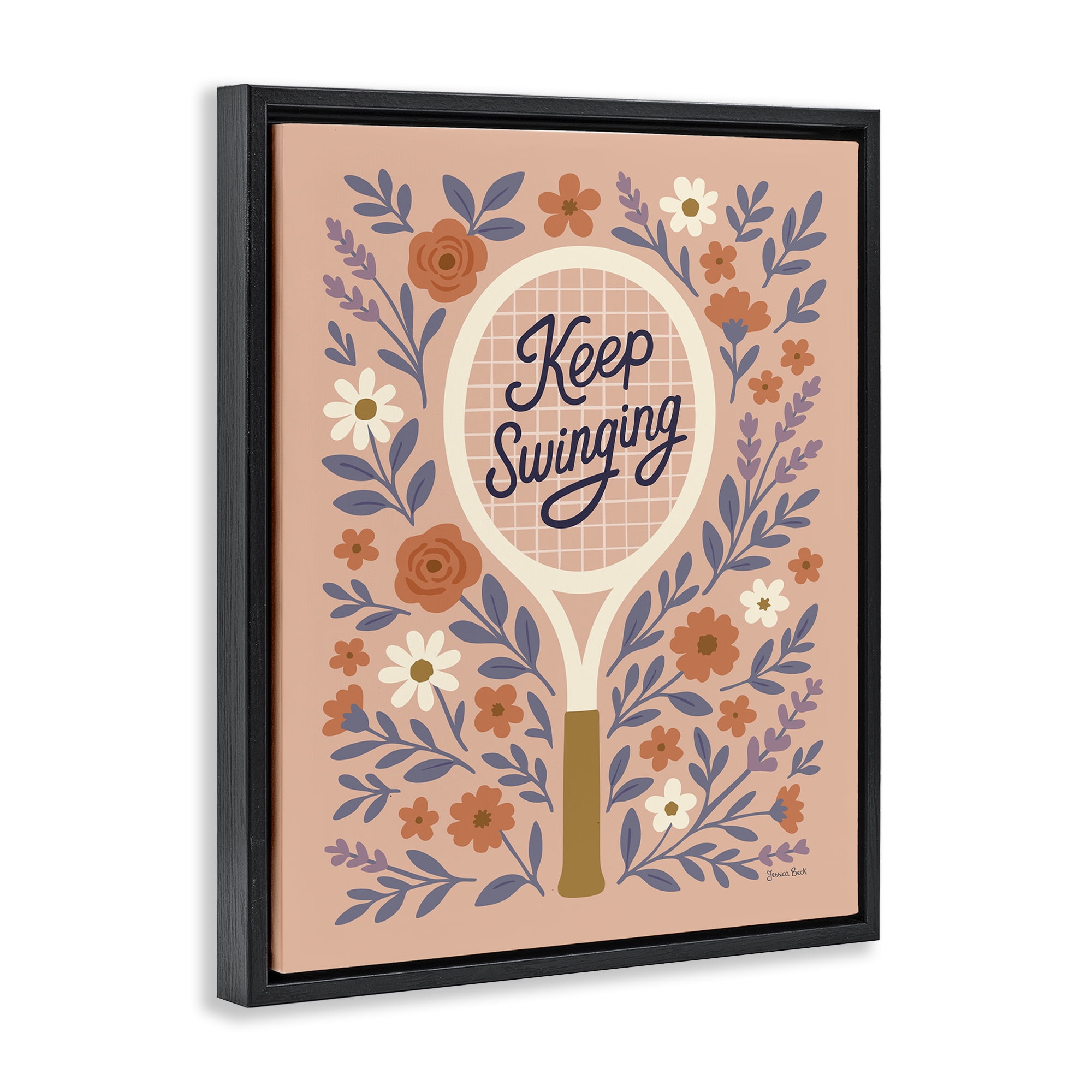 Stupell Industries Keep Swinging Floral Tennis Black Framed Floater Canvas Wall Art, design by Jessica Beck
