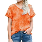 Women's Short Sleeve V-Neck Tie-dyed Print Shirts Loose Casual Tee T-Shirt
