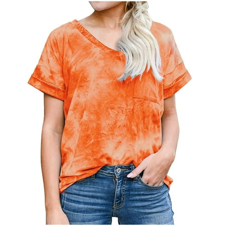 Women's Short Sleeve V-Neck Tie-dyed Print Shirts Loose Casual Tee T-Shirt