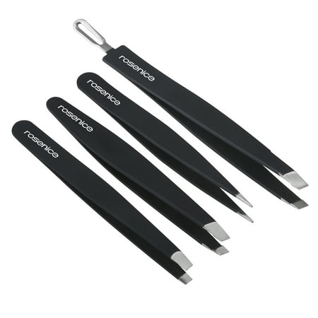 Rosenice 4pcs Professional 401 Stainless Steel Slant Tip Tweezer Best Precision Eyebrow Tweezers Kit with Rubber Painted