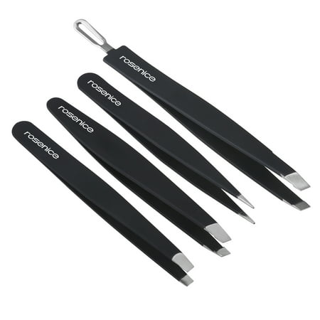 Rosenice 4pcs Professional 401 Stainless Steel Slant Tip Tweezer Best Precision Eyebrow Tweezers Kit with Rubber Painted (Best Eyebrow Kit Reviews)