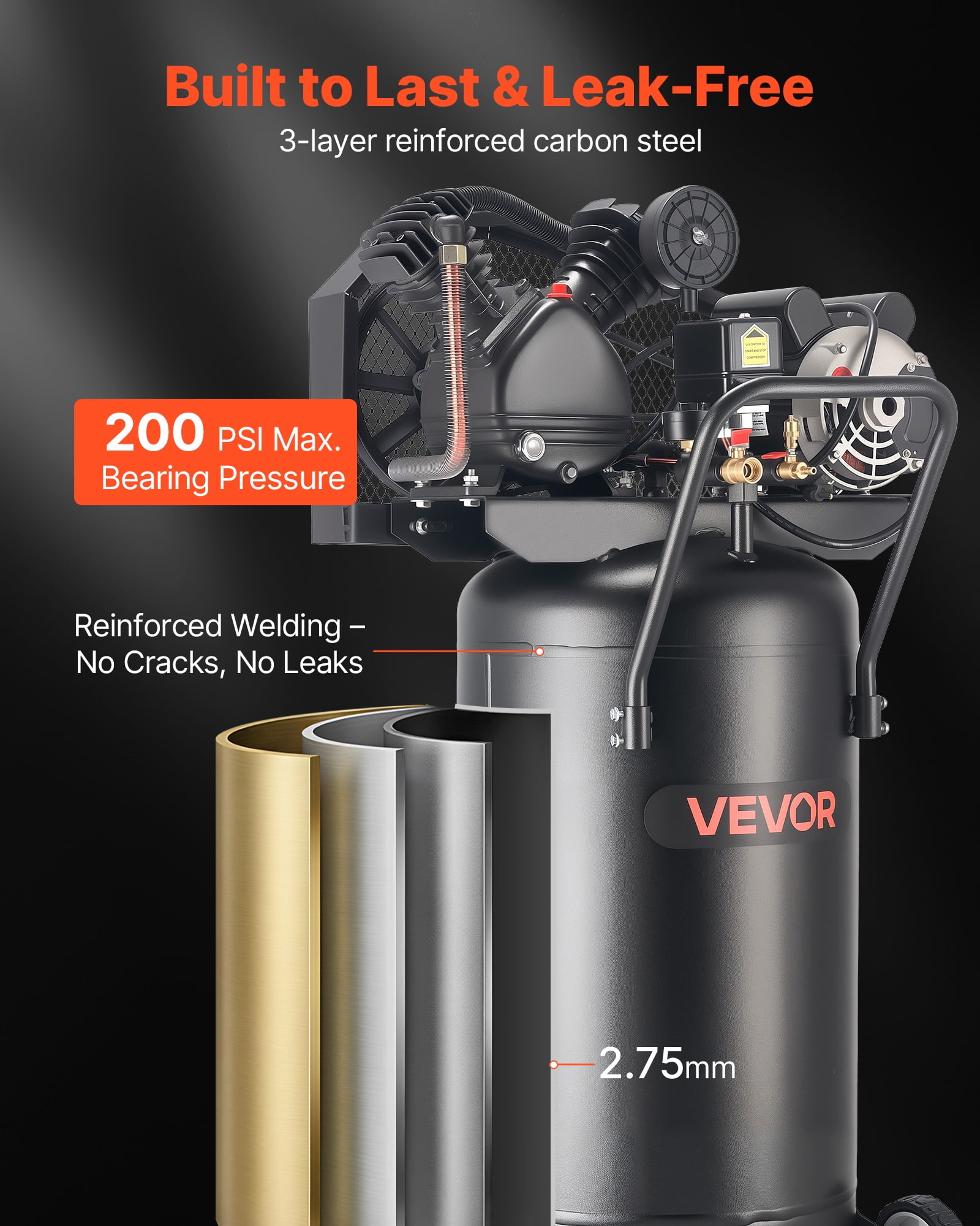 VEVOR 25-Gallon Air Compressor, 2HP 5.5 SCFM at 90PSI, Max 200PSI Pressure Oil-Lubricated Air Compressor Tank, Portable on Wheels for Auto Repair, Tire Inflation, Spray Painting,Woodwork Nailing,120V