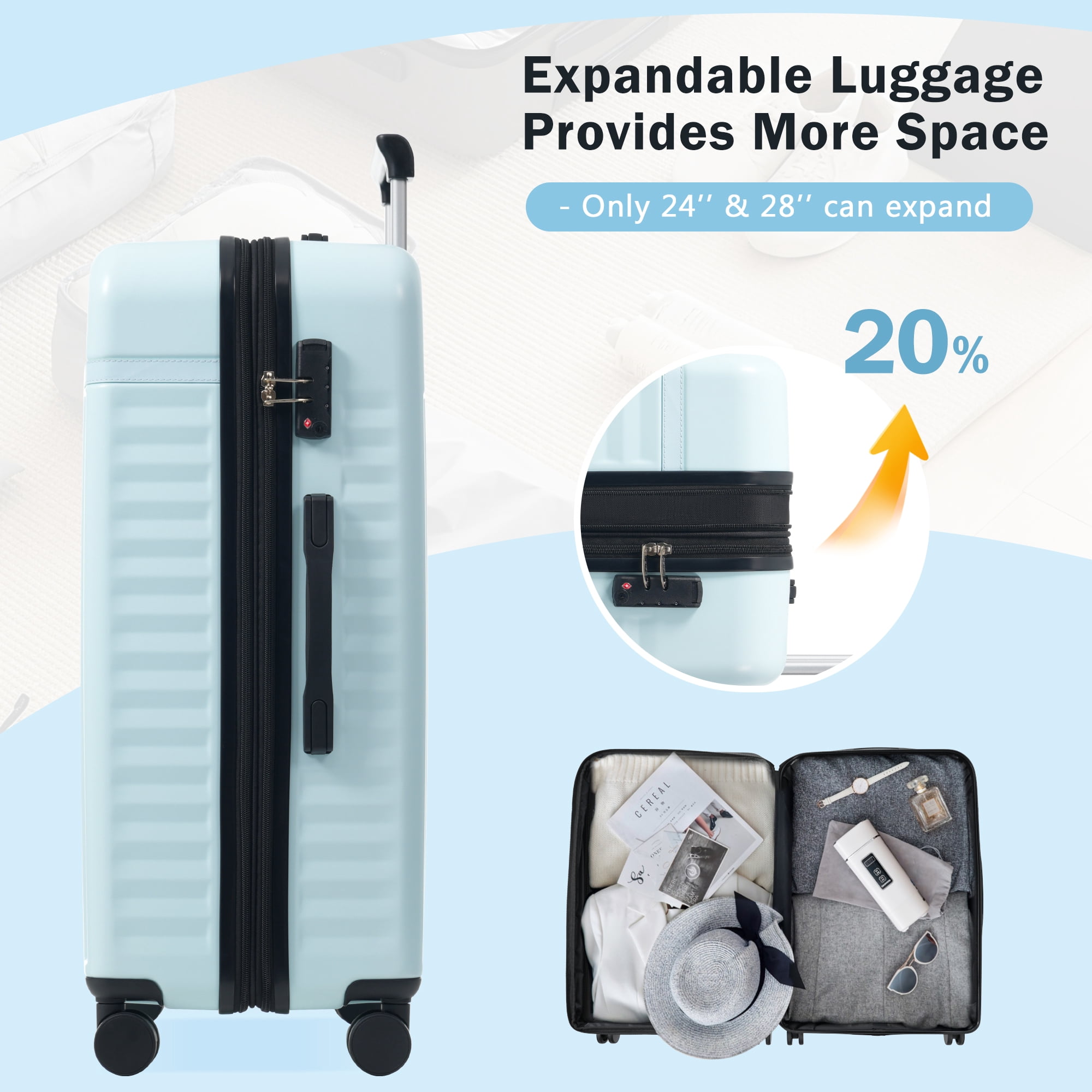 MAYEERTY 5-Piece Expandable Luggage Set (20"+24"+28"+Duffel+Toiletry Bag), ABS Hardside with TSA Lock & Spinner Wheels, Blue