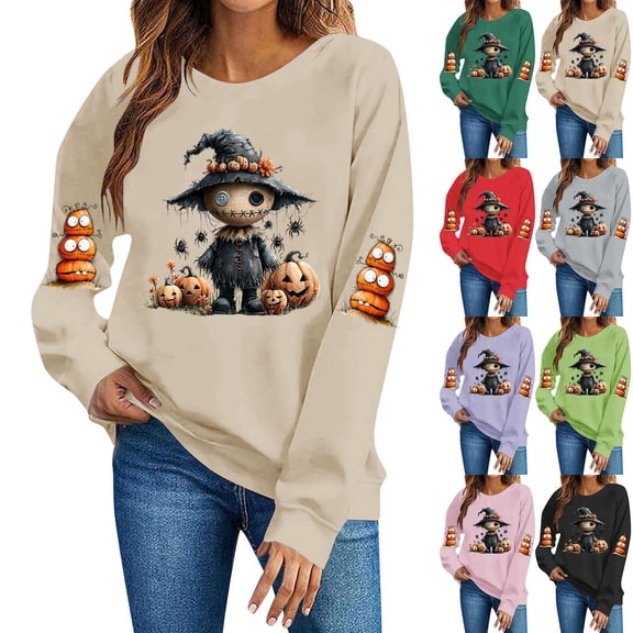 Ichuanyi Halloween Sweatshirts Women Colorful Pumpkin Ghost Graphic Pullover Shirt Halloween Witch Pumpkin Bat Crewneck Sweater