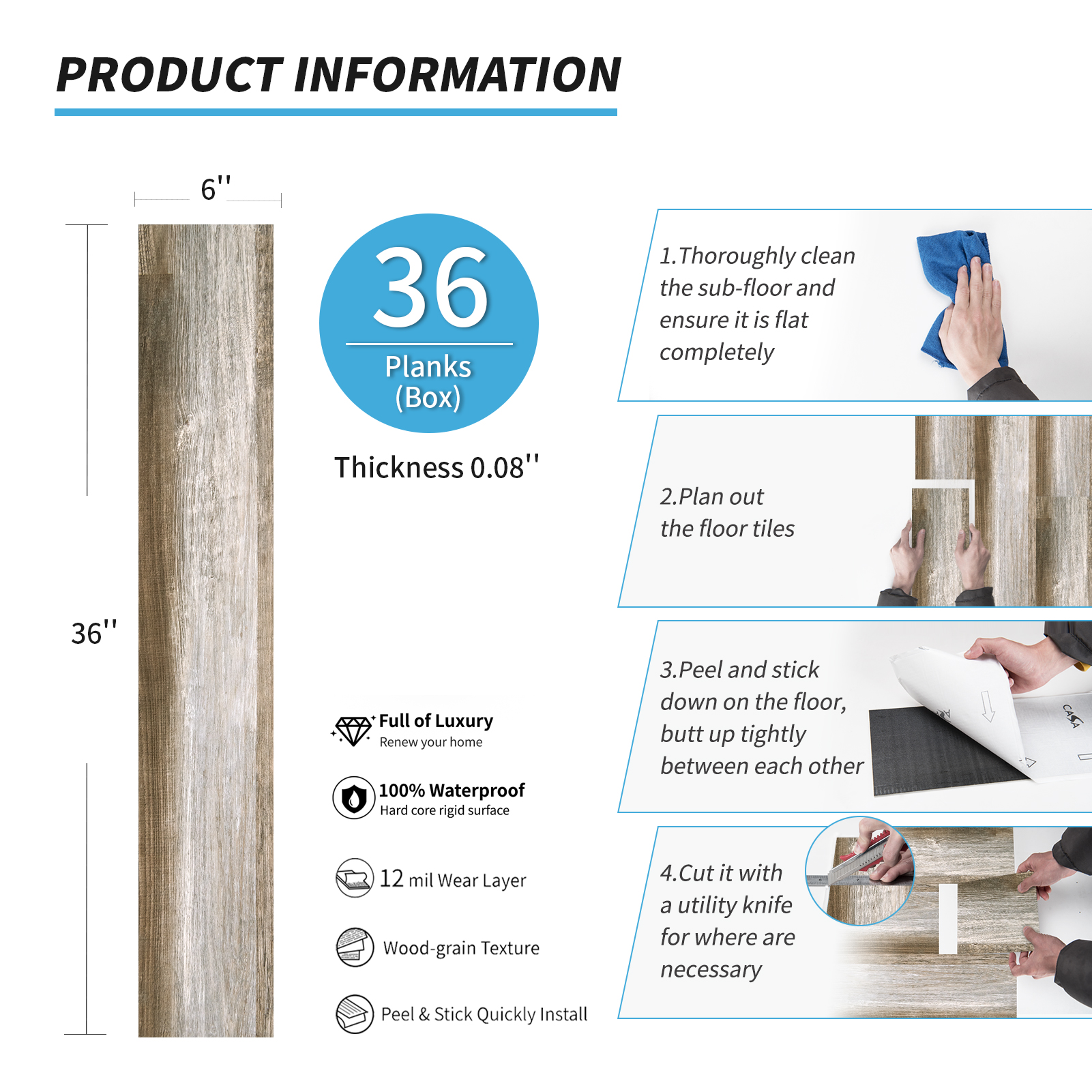 Art3d Self-Adhesive Flooring Peel and Stick Floor Tile Vinyl Wood Plank 36-Pack 54 Sq.Ft-Old Wood