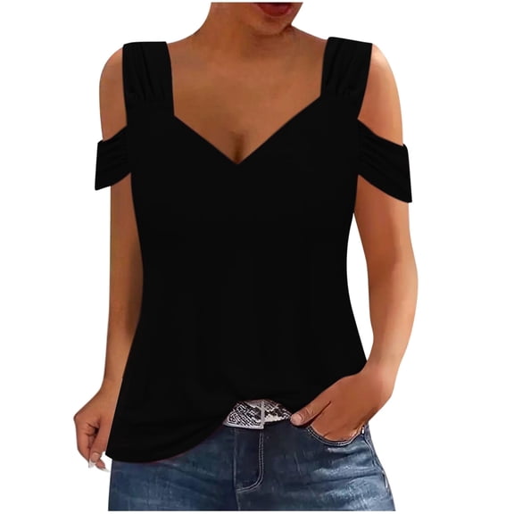 Olyvenn Stylish Summer Tops Womens Tunic Top Short Sleeve Cold Shoulder V Neck Loose Fit Basic Tee Casual Tops Shirts Blouse Black 12