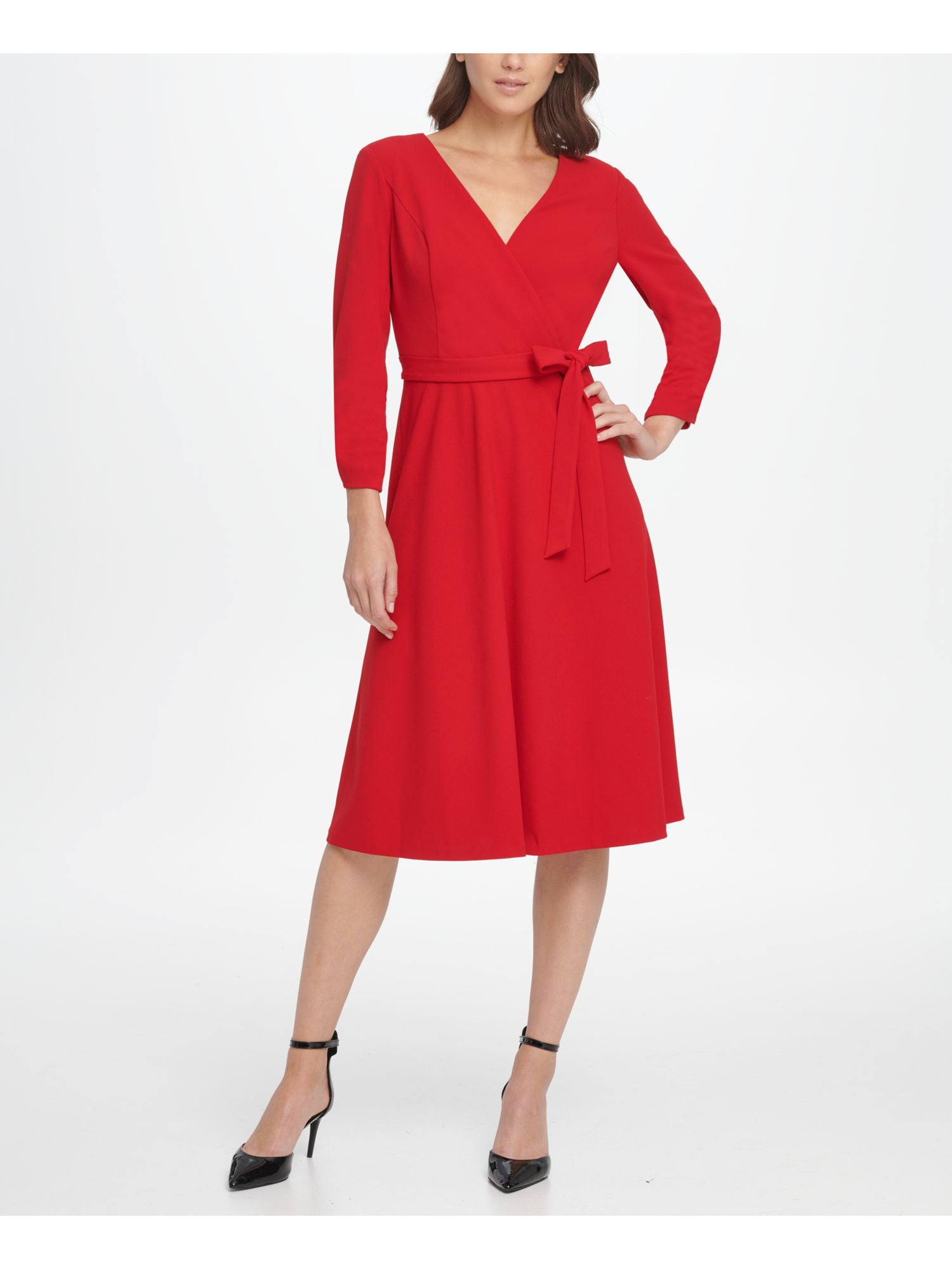DKNY Womens Red Belted Cuffed V Neck ...