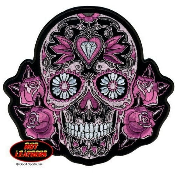 Pink Sugar Skull and Roses, Embroidered Iron-on/Saw-on, Heat Sealed Backing Rayon Patch - 4" x 4"