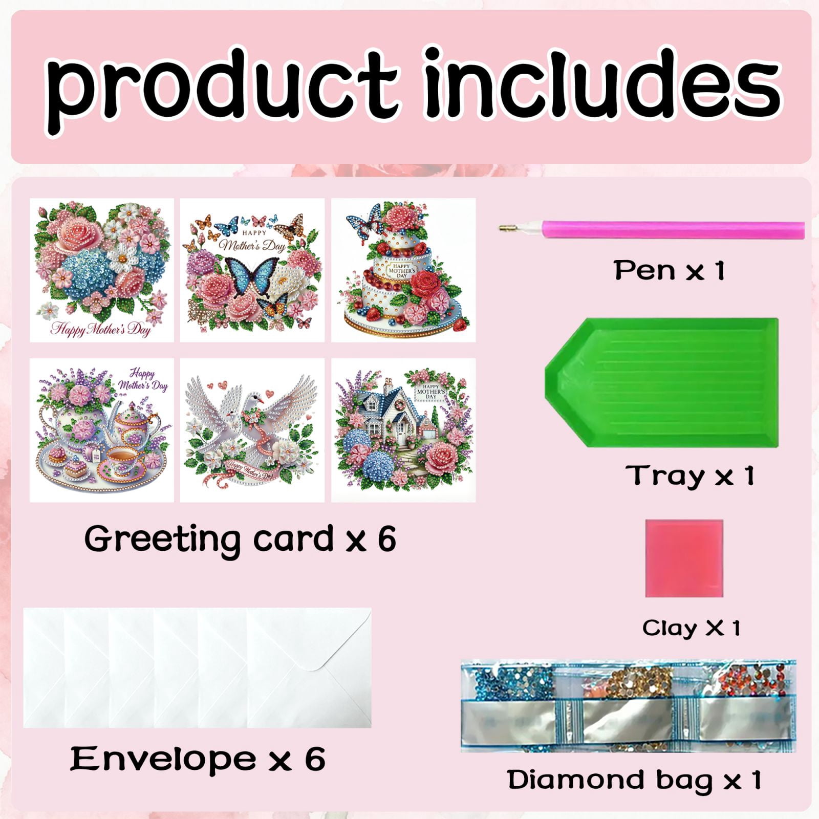FLOPESN DIY Mother's Day Diamond Art Greeting Card Kit with White Envelope, 5.91X11.81in Flowers Theme, Creative Design Blessing Gift Folding Card Set
