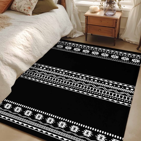 Area Rug for Living Room, Black Boho Non-Slip Indoor Large Carpet for Bedroom/Dining Room, Vintage Abstract Striped Geometric Motifs Washable Low-Profile Rectangle Floor Runner Rugs - 4 x 6 Ft
