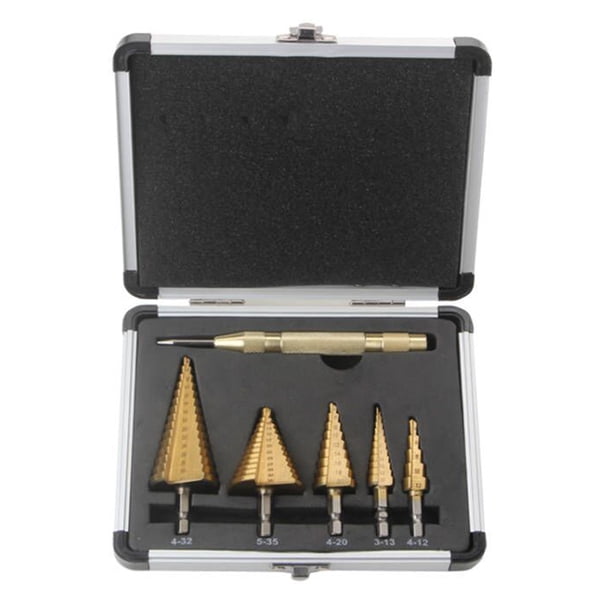 Juego de 5 Brocas Escalonadas, Brocas HSS, PunzóN Central AutomáTico, Punta Dividida con Forma, con Caja de Aluminio, Brocas Escalonadas para Metal
