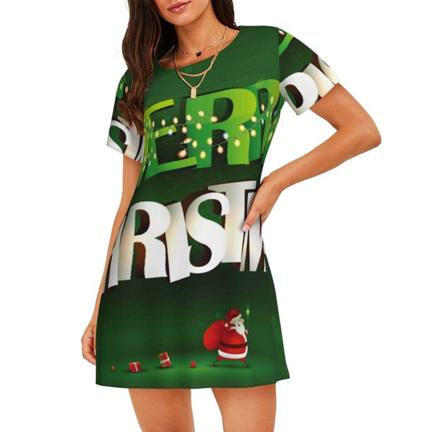 Balery Merry Christmas Camisón de manga corta con cuello redondo para mujer, cómodo y elegante.