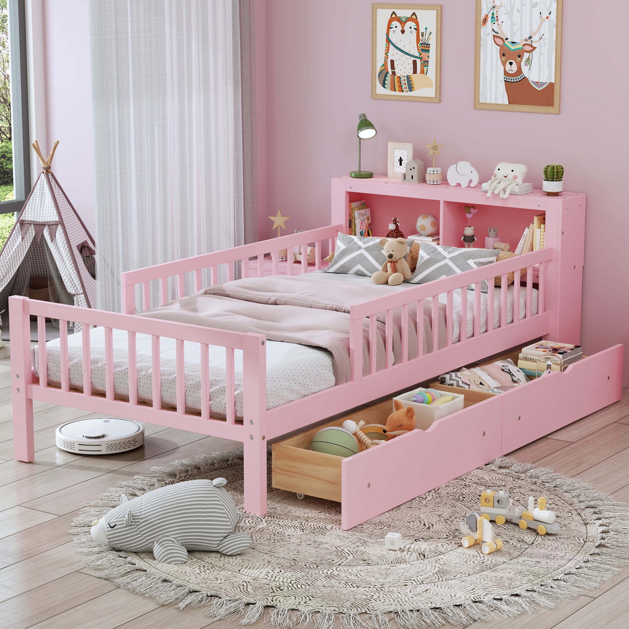 Noble House Twin Bed Frame with Headboard Storage Rack, 2 Drawers, and Safety Guardrails, Pink