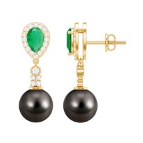 Rosec Jewels 10.25 CT Tahitian Pearl Drop Earrings with Emerald and Diamond, 14K Yellow Gold