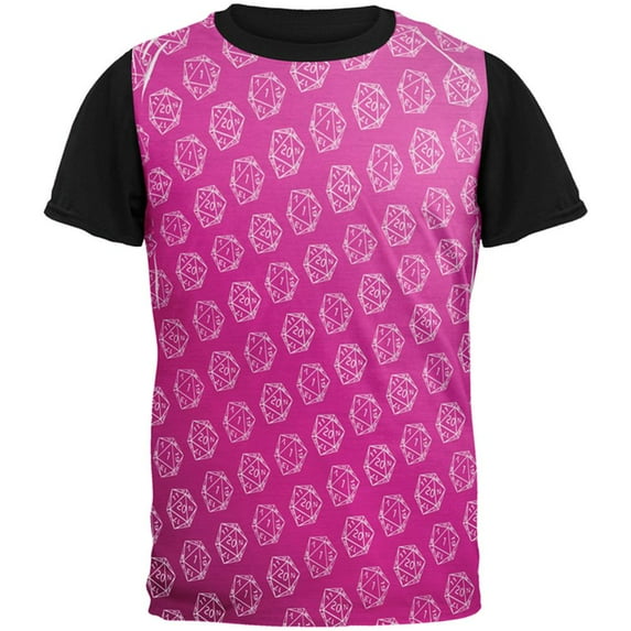 D20 Gamer Critical Hit and Fumble Pink Pattern All Over Mens Black Back T Shirt