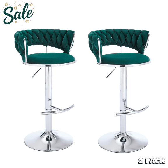 Tcbosik Set of 2 Velvet Swivel Bar Stools, Modern Height-Adjustable Kitchen & Home Bar Chairs w/ Padded Seat and Chrome Pedestal Base, 360° Rotation, Green