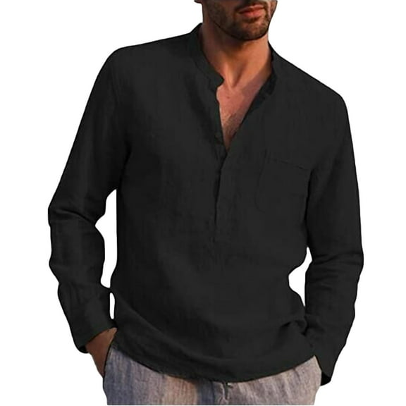 YYDGH Button Down Shirt for Men Summer Casual Cotton Linen Solid Color Long Sleeve Loose Fit Stand Collar Shirts