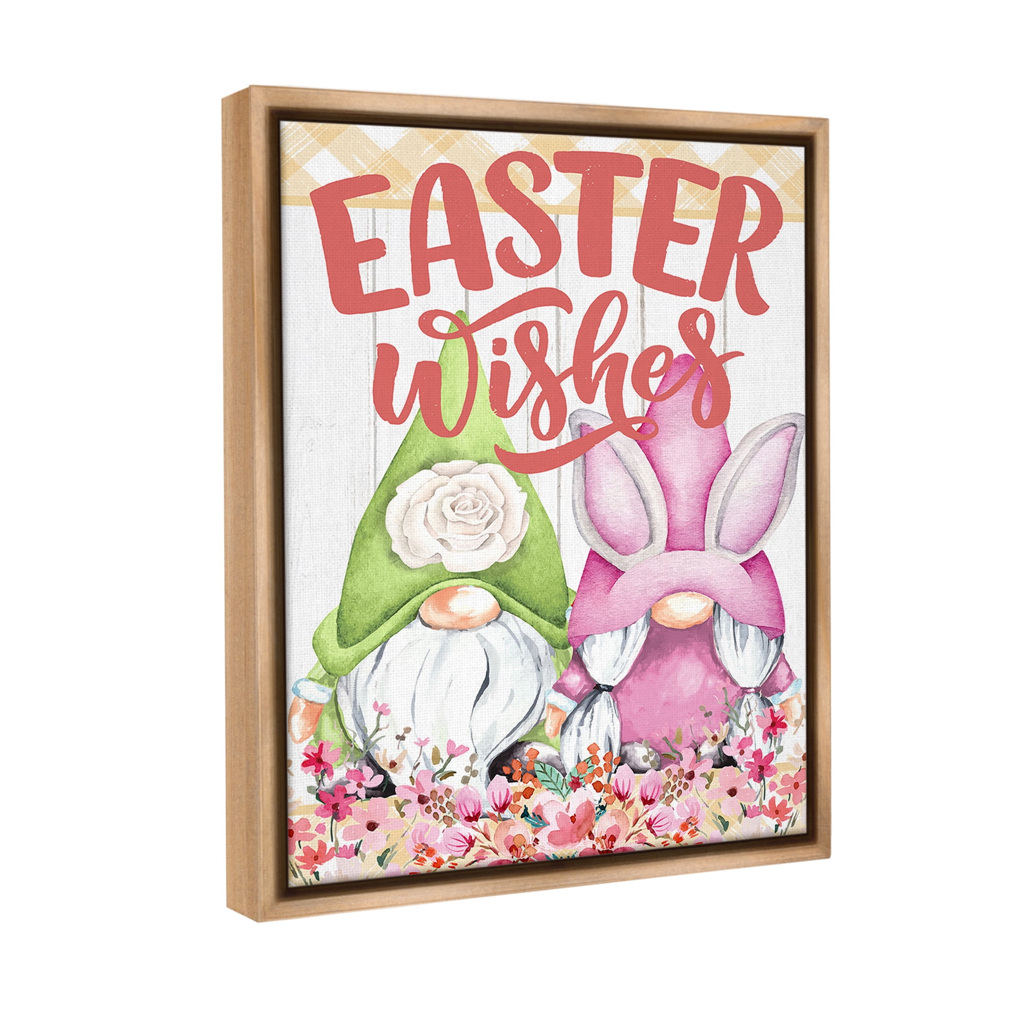Stupell Industries Easter Wishes Gnomes Holiday Painting Brown Floater Framed Canvas Art Print Wall Art, 17 x 21