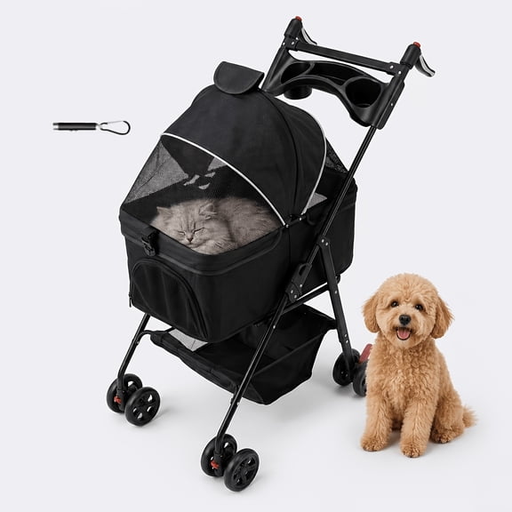 Foldable Pet Stroller for Cats & Dogs with One-Hand Fold & Storage Basket, Black