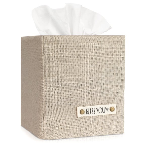 Square Tissue Box Cover in Beige Linen, Decorative Holder for Puffs Kleenex Standard Tissues, Perfect for Bathroom Bedside Table Desk