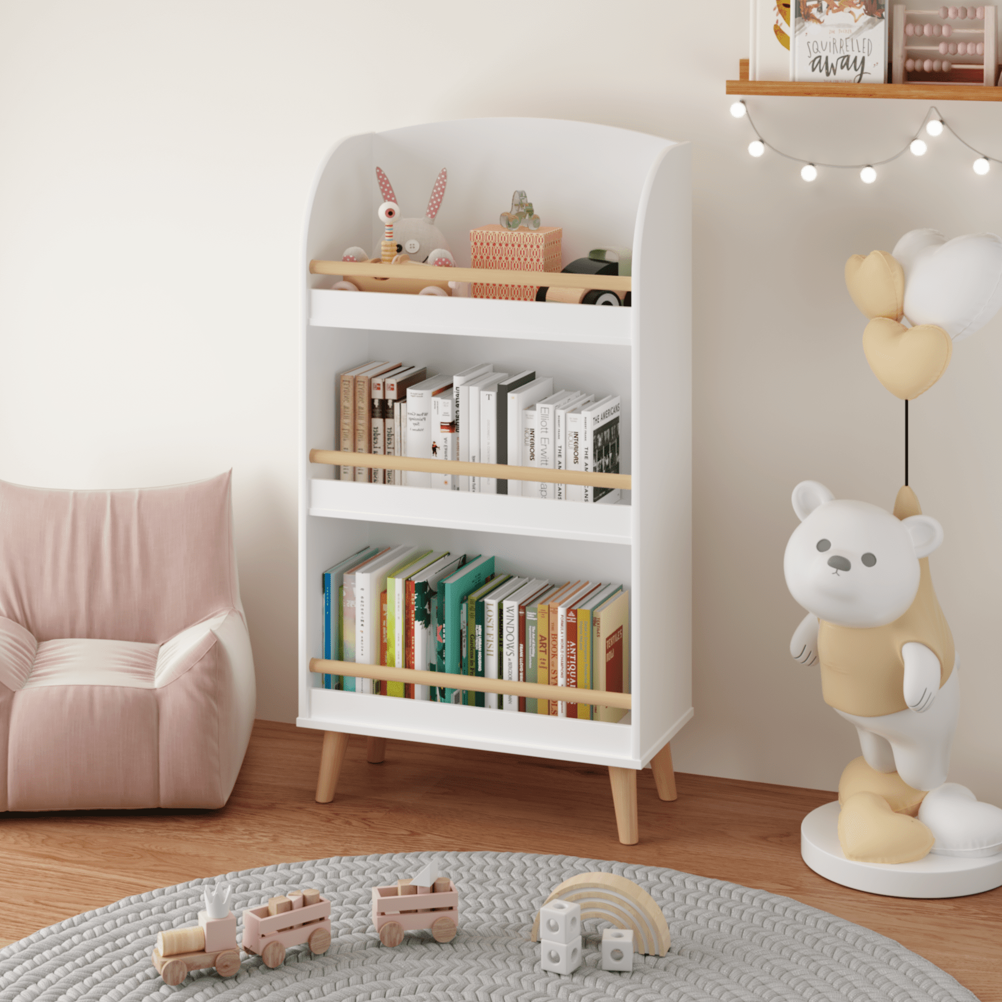3-Tier Kids Bookshelf - White Bookcase & Toy Storage Organizer for Nursery, Playroom, MDF with Wood Legs, 19.68" W x 9.44" D x 37.4" H