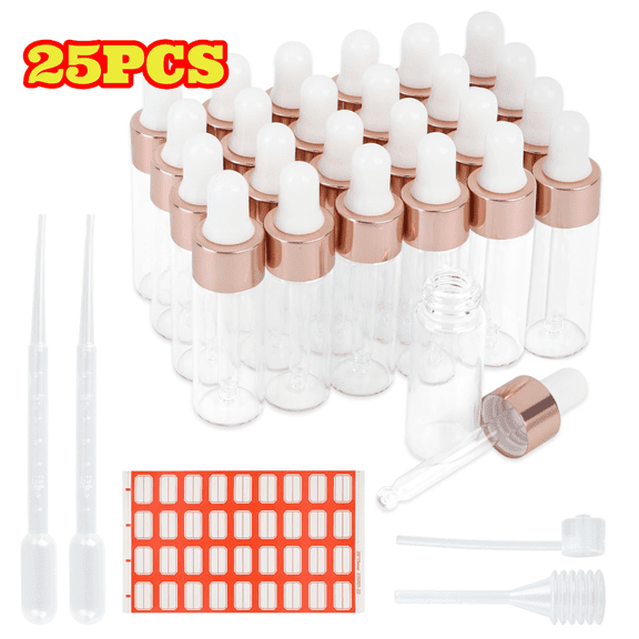 25pcs Mini Dropper Bottle with Rose Gold Lid, Clear Glass Bottles Perfume Sample Containers, with Dropper, Pipette, Dispenser & Labels