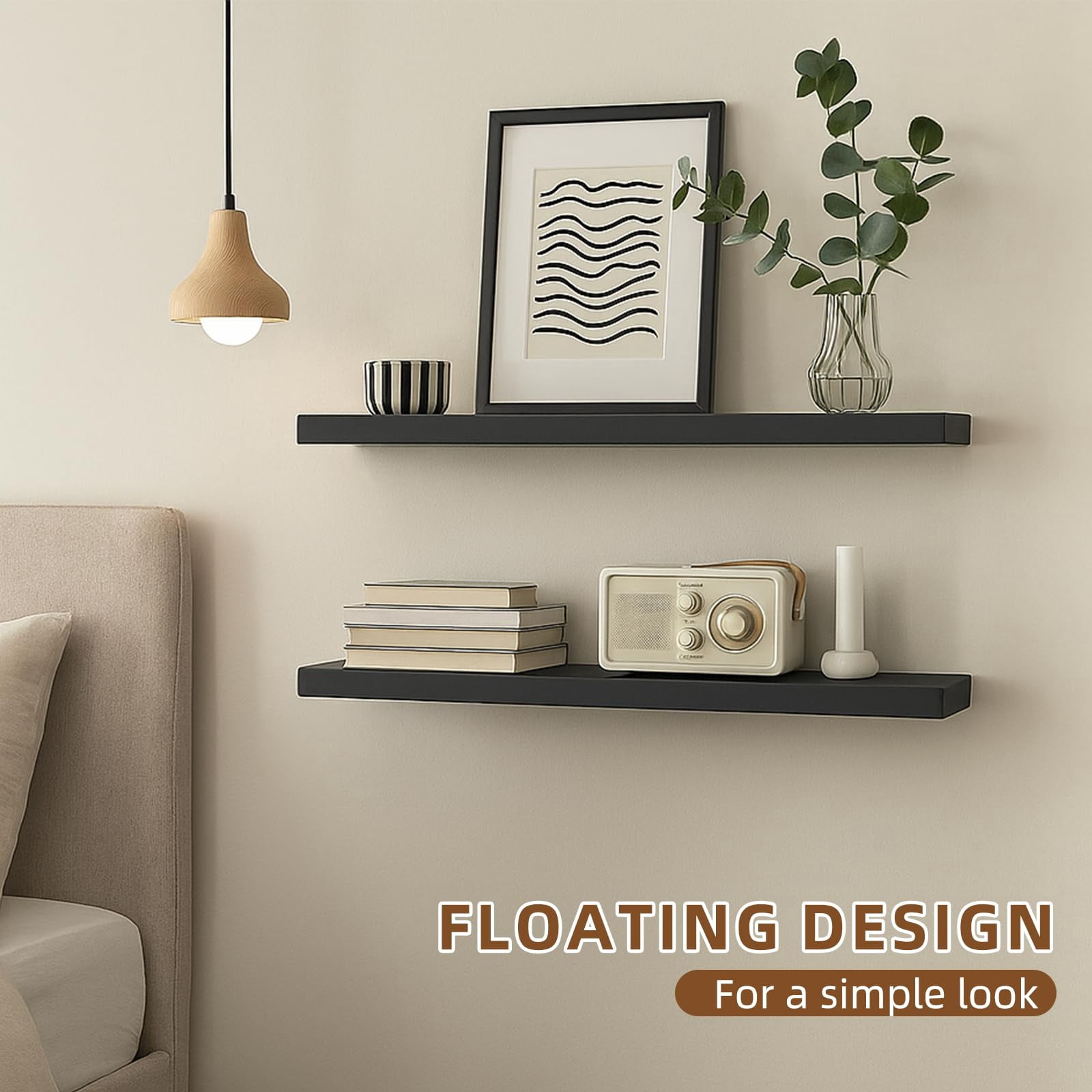Floating Shelves For Wall Set Of 3 Black Wood Mounted  23.6 X 6.3 Inch Rustic Display Storage With Invisible Brackets Bedroom Bathroom Living Room Kitchen