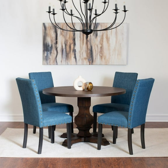 Roundhill Kohland Furniture 5 Piece Traditional Wood and Polyester Dining Table with Chair Blue
