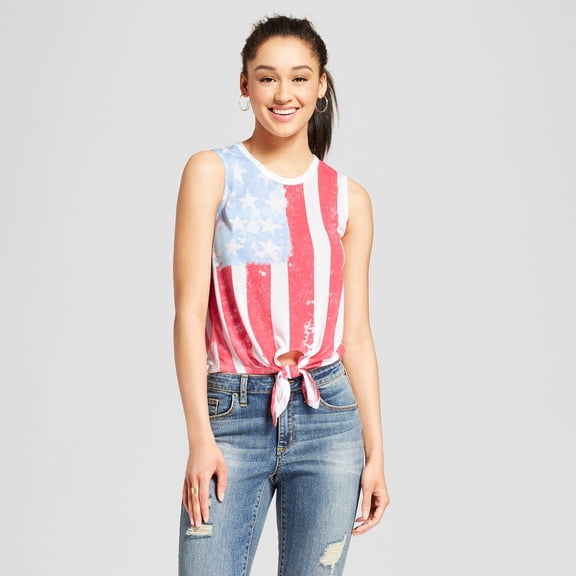 Fifth Sun Women's Striped Painted Pop Flag Print Tie Front Graphic Tank Top (Juniors')  - (Large)