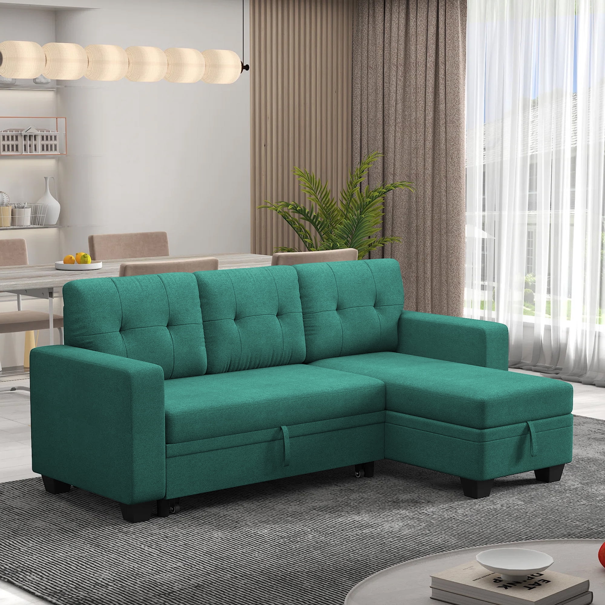 DEALTOPS Linen Reversible Sleeper Sectional Sofa Bed with Storage Chaise,Green